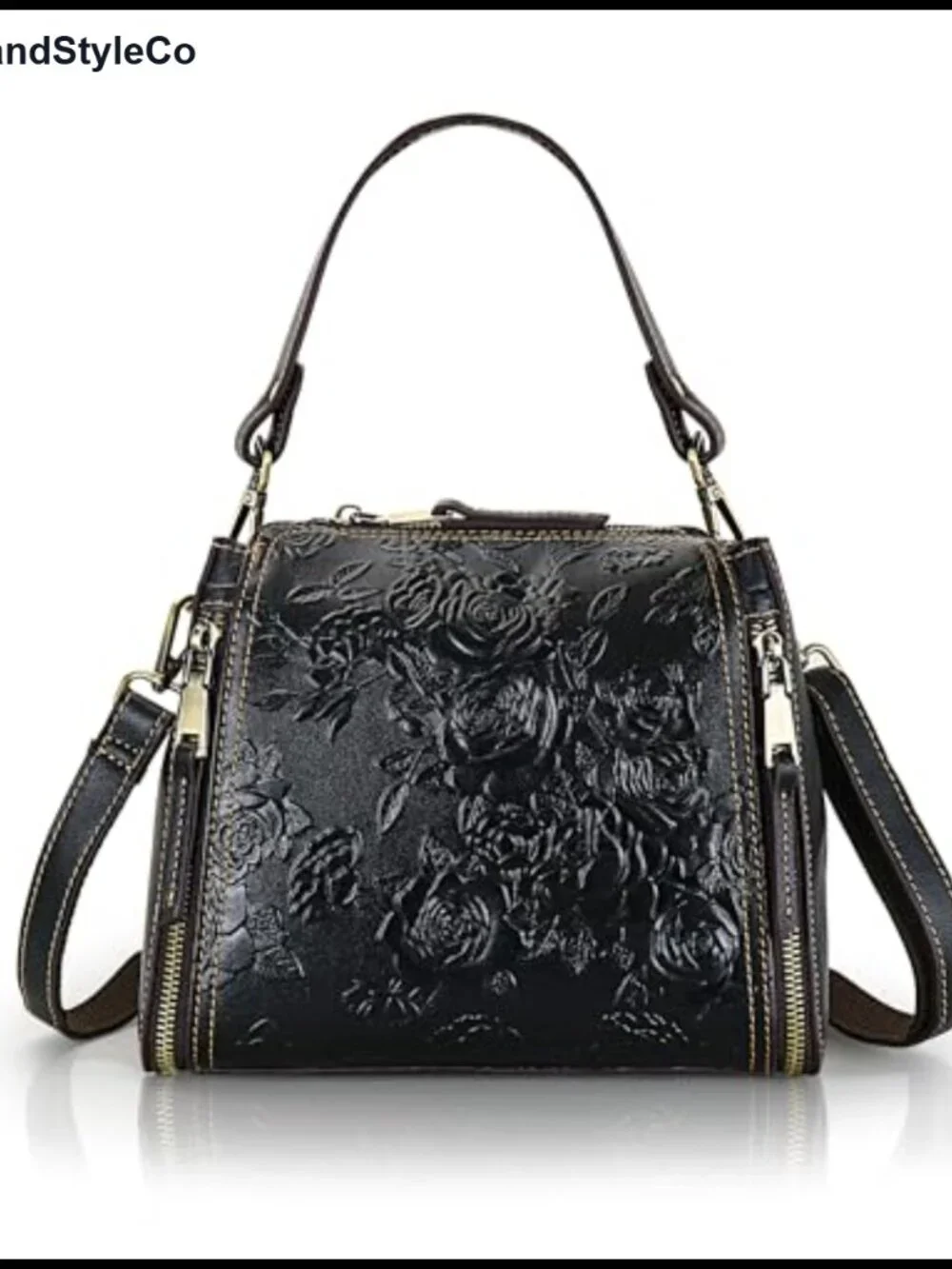 Leather Crossbody Bag Satchel Handbag with Embossed Rose Pattern